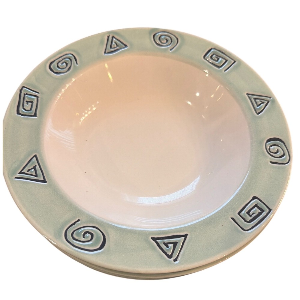 Vintage Sakura Wasabi Port of Call Rimmed Soup Pasta Bowls Set x4 90s Stoneware